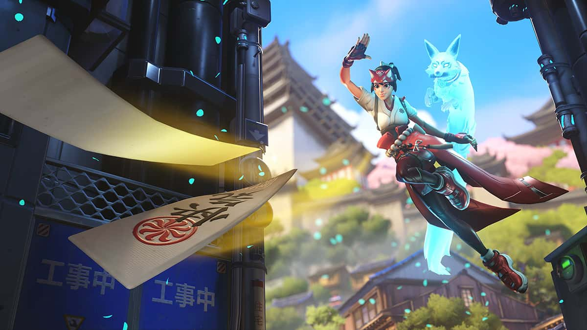 Kiriko healing in the Overwatch 2 menu background