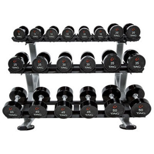 TAG Fitness (5-50 lb) Round Urethane Dumbbells & Rack